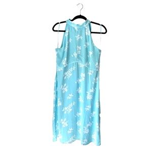 ANN TAYLOR Halter Top Tie Back Aqua Dress Size 8 Short Blue & White Floral Dress